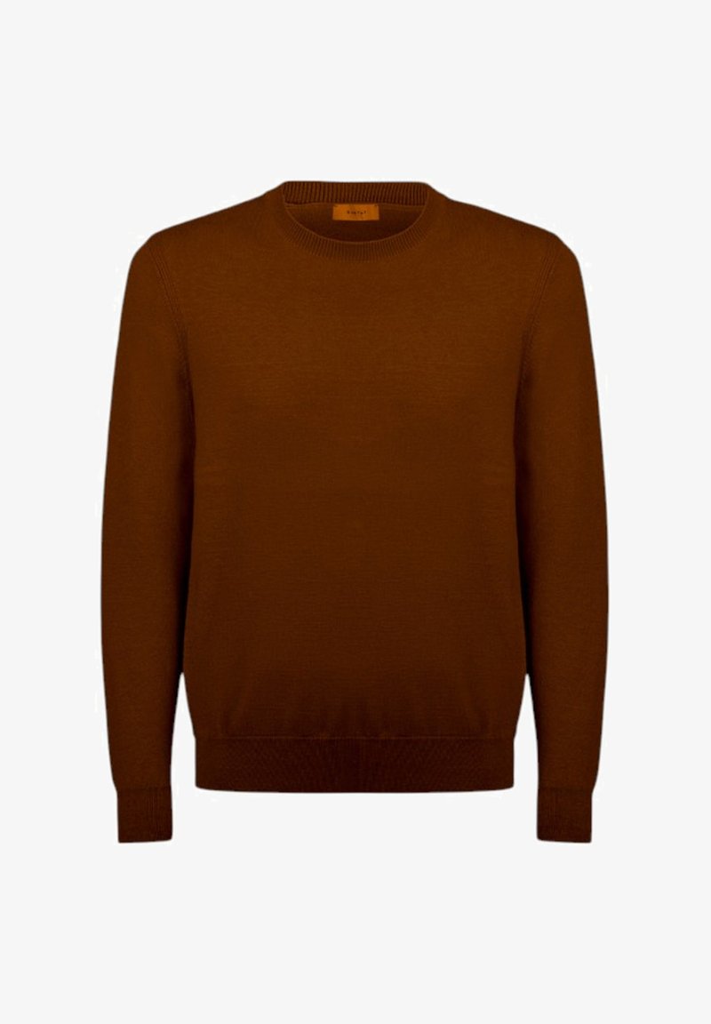 Maglione marrone a maglia con collo rotondo, maniche lunghe e orlo a coste. Tessuto liscio e cuciture uniformi in tutta la superficie. Nessun motivo o dettaglio aggiuntivo.