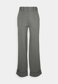 Pantalones de pierna ancha gris, hechos de una tela suave y texturizada, con una cintura alta, que cuentan con líneas de pliegue en la parte delantera y puños doblados en el dobladillo.