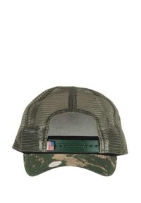 Baseball cap with a camo green bill and mesh back. Features an adjustable plastic strap with an American flag accent.