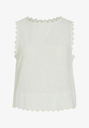 Blouse blanche sans manches avec des bords festonnés au niveau de l'encolure, des emmanchures et de l'ourlet, en tissu léger.