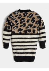 Pull en imprimé léopard dans des tons de brun doux et de noir, avec des rayures horizontales blanches et noires. Encolure ronde et manches longues avec des poignets côtelés.