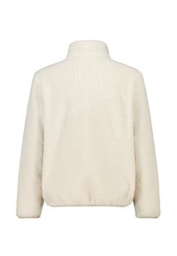 Cream-colored fleece jacket with a high collar, elasticized hem and cuffs, featuring textured fabric and a rectangular patch on the back.