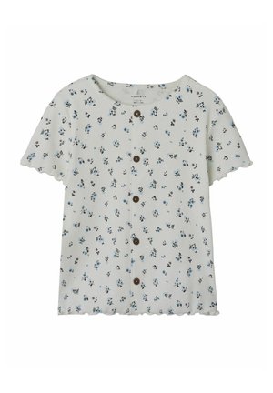 Floral patterned short-sleeve shirt in light green, featuring a round neckline, button closure, and scalloped hem.