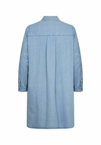 Gaiši zils džinsu krekliņš kleita ar garām piedurknēm, klasisku apkakli un aizmugurējām krokām. Piedurknēm ar pogām un taisno griezumu.