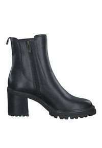 Black ankle boots made of smooth leather, featuring a side zip, block heel, and textured sole for grip.