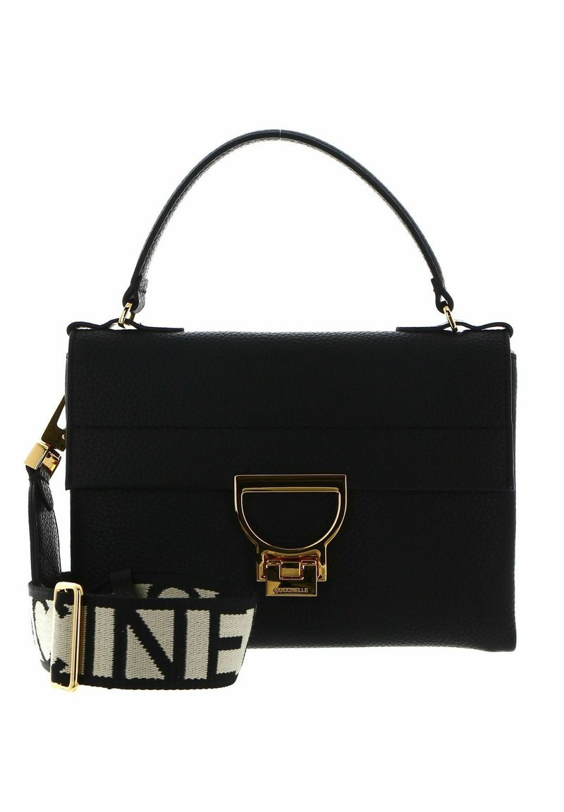 Schwarze Lederhandtasche mit strukturierter Form, goldenen Beschlägen und einem abnehmbaren, gemusterten Gurt, der das Wort "EINS" in kontrastierenden Farben zeigt.