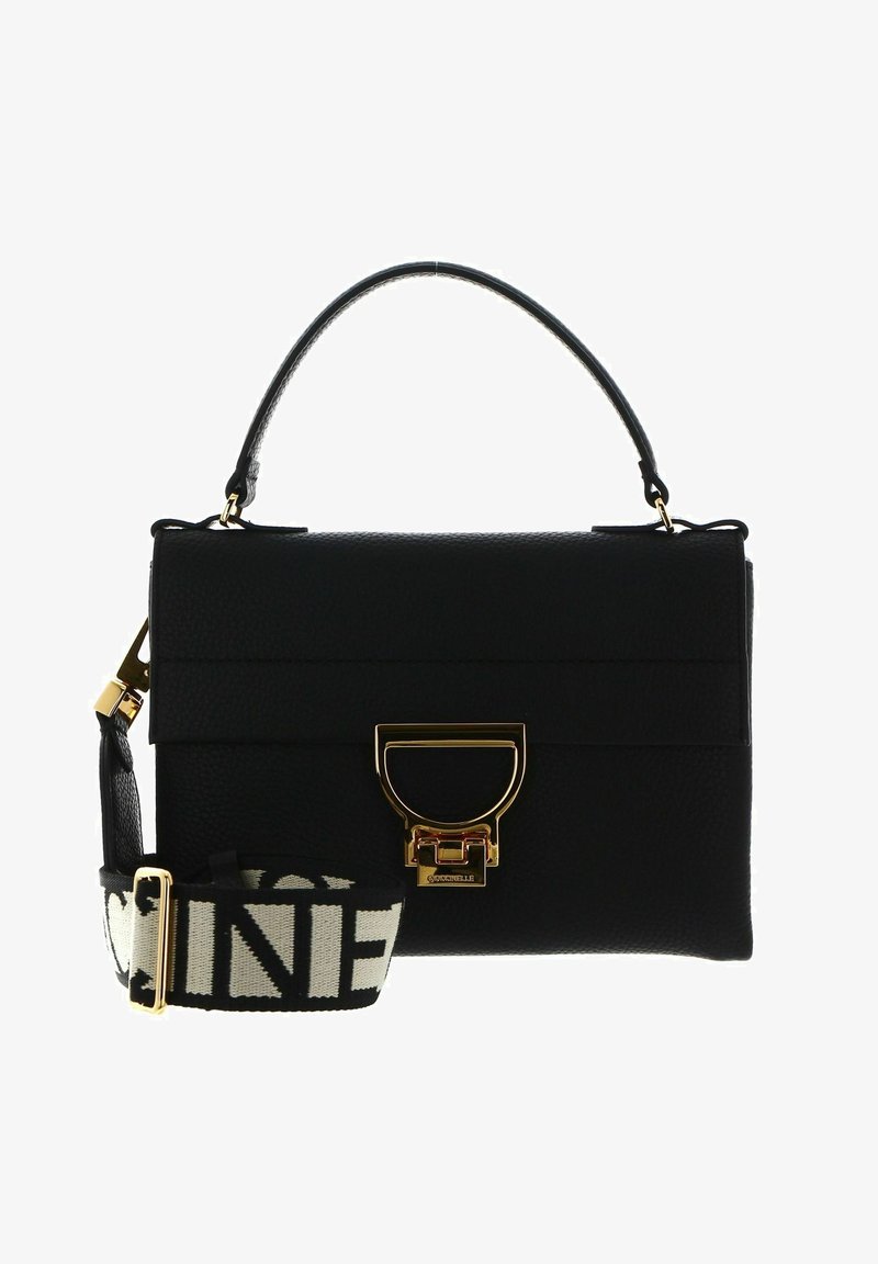 Zwarte leren handtas met een gestructureerde vorm, gouden hardware en een afneembare gestreepte schouderriem met het woord "ONE" in contrasterende kleuren.