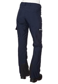 Marinblå cargobyxor med förstärkta svarta underben, med fickor, en strukturerad tygkvalitet och en åtsittande midja för komfort.