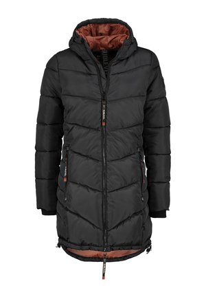 Schwarze Pufferjacke mit Kapuze, ausgestattet mit einem gesteppte Design, orangefarbener Innenauskleidung, zwei seitlichen Reißverschlüssen und gerippten Bündchen.