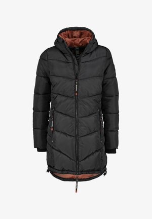 Schwarze Pufferjacke mit Kapuze, ausgestattet mit einem gesteppte Design, orangefarbener Innenauskleidung, zwei seitlichen Reißverschlüssen und gerippten Bündchen.