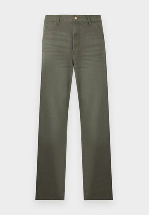 Olive green straight-leg pants with belt loops, front pockets, and a button closure at the waist.