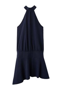 Robe bleu marine sans manches avec col montant, taille élastique et ourlet asymétrique évasé.