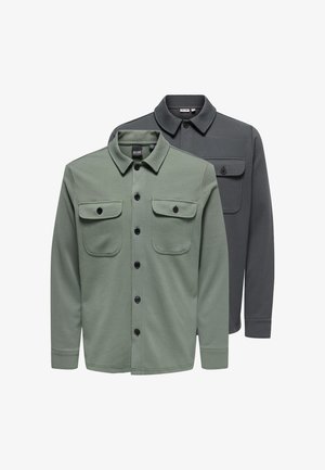 Due camicie a maniche lunghe con colletto e bottoni, una verde salvia e una grigio scuro, entrambe con due tasche sul petto con bottoni.