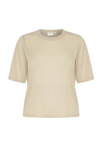 Pull à manches courtes beige en tricot doux. Il possède un col rond et des bords côtes aux manches et à l'ourlet.