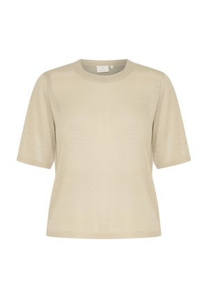 Beige krátký pulovr s krátkým rukávem vyrobený z měkkého úpletu. Má kulatý výstřih a přízí zakončené rukávy a spodní lem.