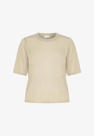 Béžový pulóver s krátkym rukávom vyrobený z mäkkej pleteniny. Má okrúhly výstrih a rebrované okraje na rukávoch a na leme.