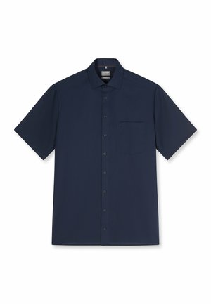 Camicia blu navy a maniche corte con bottoni, colletto appuntito e taschino sul petto sul lato sinistro.