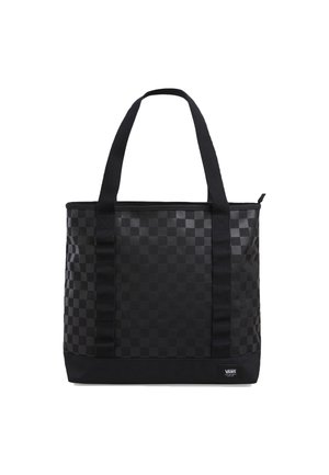 Czarna torba w kratę z dwiema solidnymi rączkami, zamykana na zamek, z jednolitą czarną podstawą. Zawiera małą naszywkę z logo z boku.