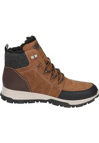 Scarponcino da trekking in pelle marrone con accenti in tessuto grigio, punta in gomma nera, occhielli in metallo e suola texture. Foderato per il calore.