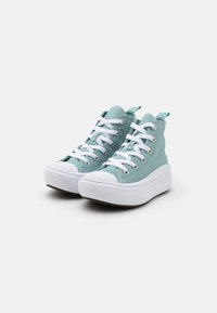 Sneakers alte in tela color turchese chiaro con suole in gomma bianca, dotate di lacci bianchi e occhielli in metallo. Suola spessa e texturizzata con linguetta.