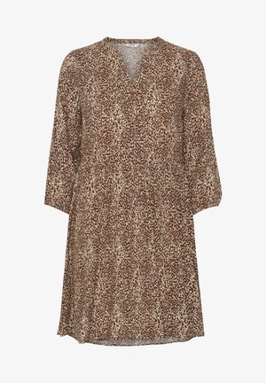 Brown and beige patterned dress with a V-neckline, three-quarter sleeves, and a flared silhouette. Lightweight fabric with a subtle texture.