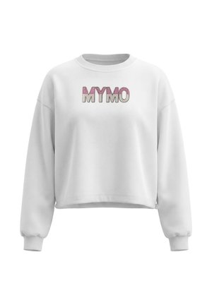 Felpa corta bianca a maniche lunghe con polsini a coste e logo "MYMO" in lettere rosa e beige decorate sul davanti.