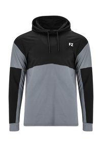 Huvtröja i svart och grått med en färgblockeringsdesign, långa ärmar, dragsko på huvan och logotyp på bröstet. Slät textur.