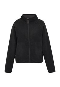 Musta fleece-takki korkealla kauluksella, etuvetoketjulla ja raglan-hihalla. Ominaisuuksina sileä pinta ja minimaalinen muotoilu. Ei näkyviä logoja.