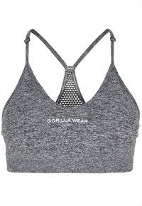 Sujetador deportivo gris con tejido texturizado, frente en forma de V, tirantes cruzados y espalda de malla con el logo "GORILLA WEAR" en blanco.