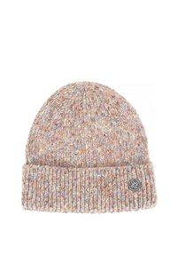 Beżowa dzianinowa czapka z kolorowymi nalotami, z odwiniętym mankietem i okrągłą naszywką z logo z boku. Miękka w dotyku.