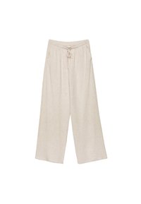 Beige vide ben linned bukser med elastisk talje og front snøre, med sidelommer.