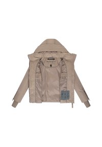 Beige geïsoleerde jas met een capuchon, rits aan de voorkant en elastische manchetten. Beschikt over een zachte voering, binnenzakken en logo detail.