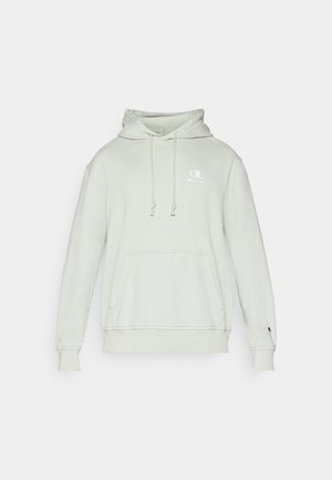 Soe roheline kapuutsiga sviiter, mis on valmistatud pehmest kangast, sisaldab nööriga kapuutsi, esist taskut ja tikitud logo rinnal. Ribitud varrukad ja serv.