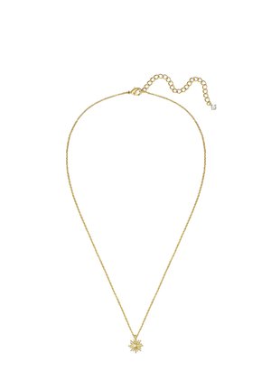 Delicata collana a catena d'oro con chiusura regolabile e piccolo ciondolo a forma di sole con dettaglio centrale in perla o perla.