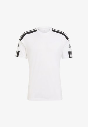 Weißes Sport-T-Shirt mit schwarzen Streifen an den Schultern, aus atmungsaktivem Stoff gefertigt. Kurze Ärmel und runder Ausschnitt.