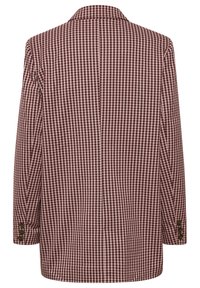 Blazer à carreaux marron et blanc avec manches longues, trois boutons aux poignets et col cranté, vu de dos.