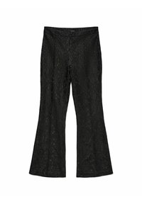 Pantalons évasés en dentelle noire avec un motif floral texturé. Ceinture lisse, ajustés aux hanches et évasés à partir du genou.