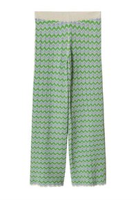 Leggings à motif ondulé vert et gris avec une taille beige. Textile doux avec un ourlet festonné à la cheville, matériau extensible, design full-length.