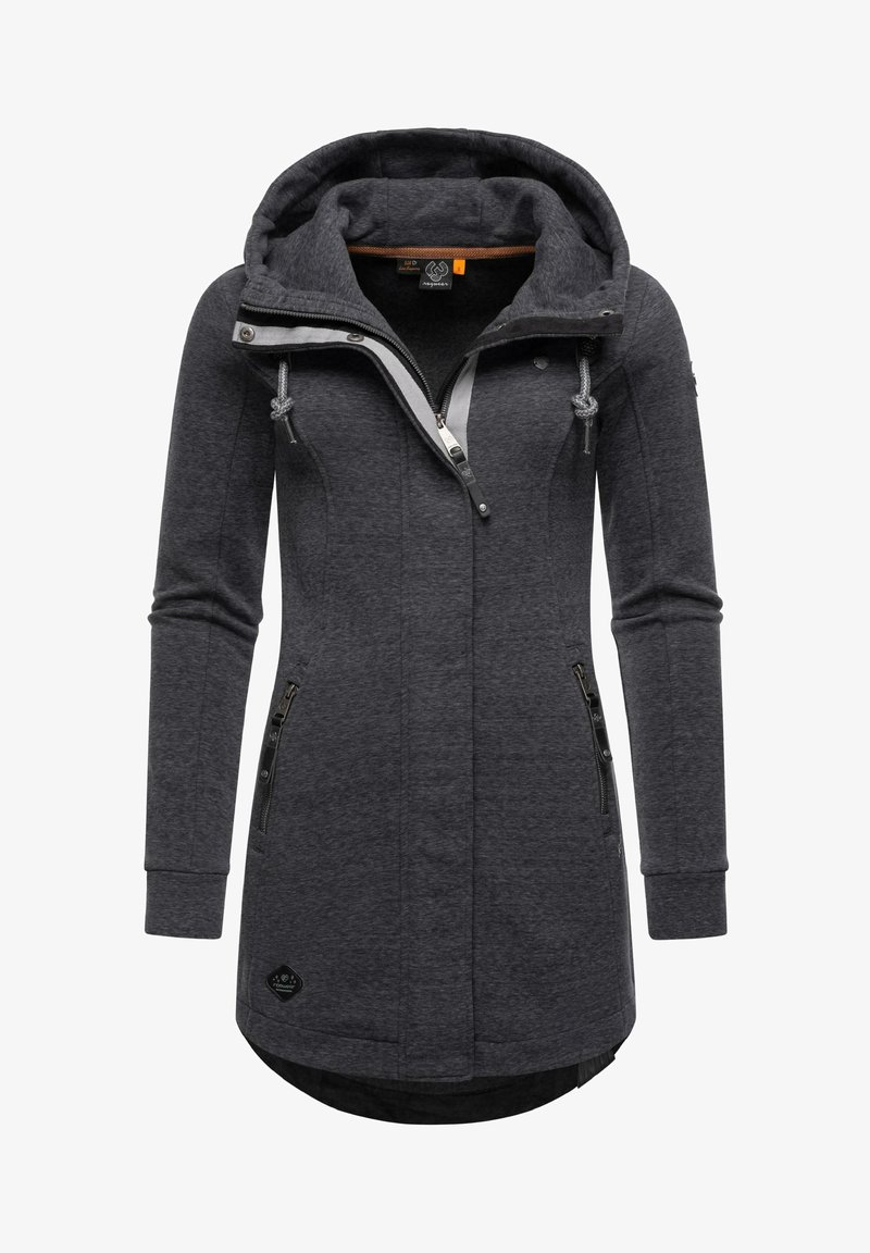 Grijze hoodie met ritssluiting, zijzakken met rits en een capuchon met trekkoord. Soepele textuur en verlengd ontwerp met een afgeronde zoom.