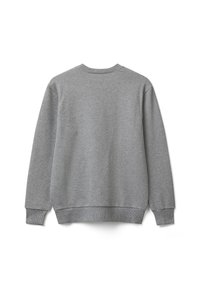 Felpa grigia con scollatura tonda, polsini e orlo a coste, realizzata in tessuto morbido, presenta un design semplice senza motivi o accenti.