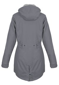 Grau wasserabweisende Jacke mit Kapuze, cinched Taille, Druckknöpfen auf der Rückseite und geradem Saum. Leichter Stoff, glatte Textur.