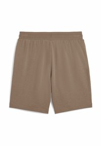 Pantalones cortos marrones hasta la rodilla, hechos de un tejido suave y liso. Presentan una cinturilla elástica y un dobladillo terminado para un diseño limpio.