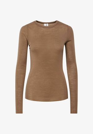 Brauner Langarm-Top aus leichtem, strukturiertem Stoff. Verfügt über einen Rundhalsausschnitt und eine figurbetonte Passform. Schlichter und vielseitiger Stil.
