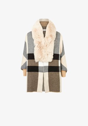 Châle en mélange de laine avec un col en fausse fourrure, présentant un motif géométrique dans des nuances de gris, beige et marron avec des manches amples.