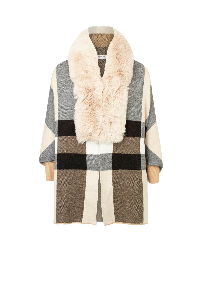 Chal de mezcla de lana con cuello de piel sintética, que presenta un patrón geométrico en tonos de gris, beige y marrón, con mangas sueltas.