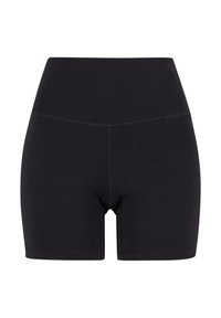Shorts noirs taille haute en matière extensible, avec une texture lisse, longueur mi-cuisse, et des détails de couture subtils.