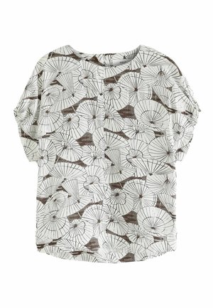 Blouse blanche à manches courtes avec un motif de parapluies noirs et bruns, col rond et manches légèrement bouffantes.