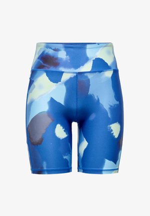 Cuissardes de vélo pour femmes taille haute avec un motif abstrait aquarelle en bleu, jaune clair et bleu foncé, coutures plates et coupe jusqu'aux genoux.