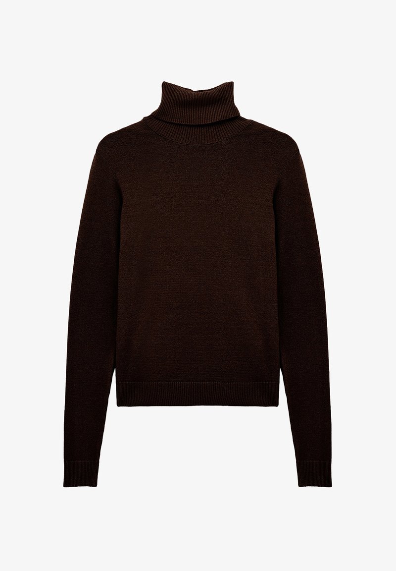 Dark brown long-sleeve turtleneck sweater with ribbed collar, cuffs, and hem, displayed on a white background.