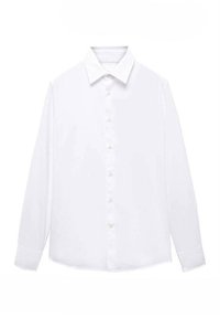 Chemise blanche à manches longues avec boutons, en tissu lisse, présentant un col pointu, une fermeture à boutons à l'avant et des poignets avec fermeture par bouton.